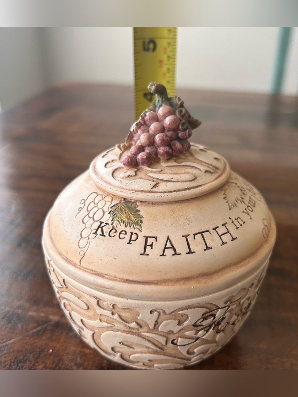 Rustic Religious Faith 4 1/2” Trinket Box Clay Sculpted Scrollwork-Grapes